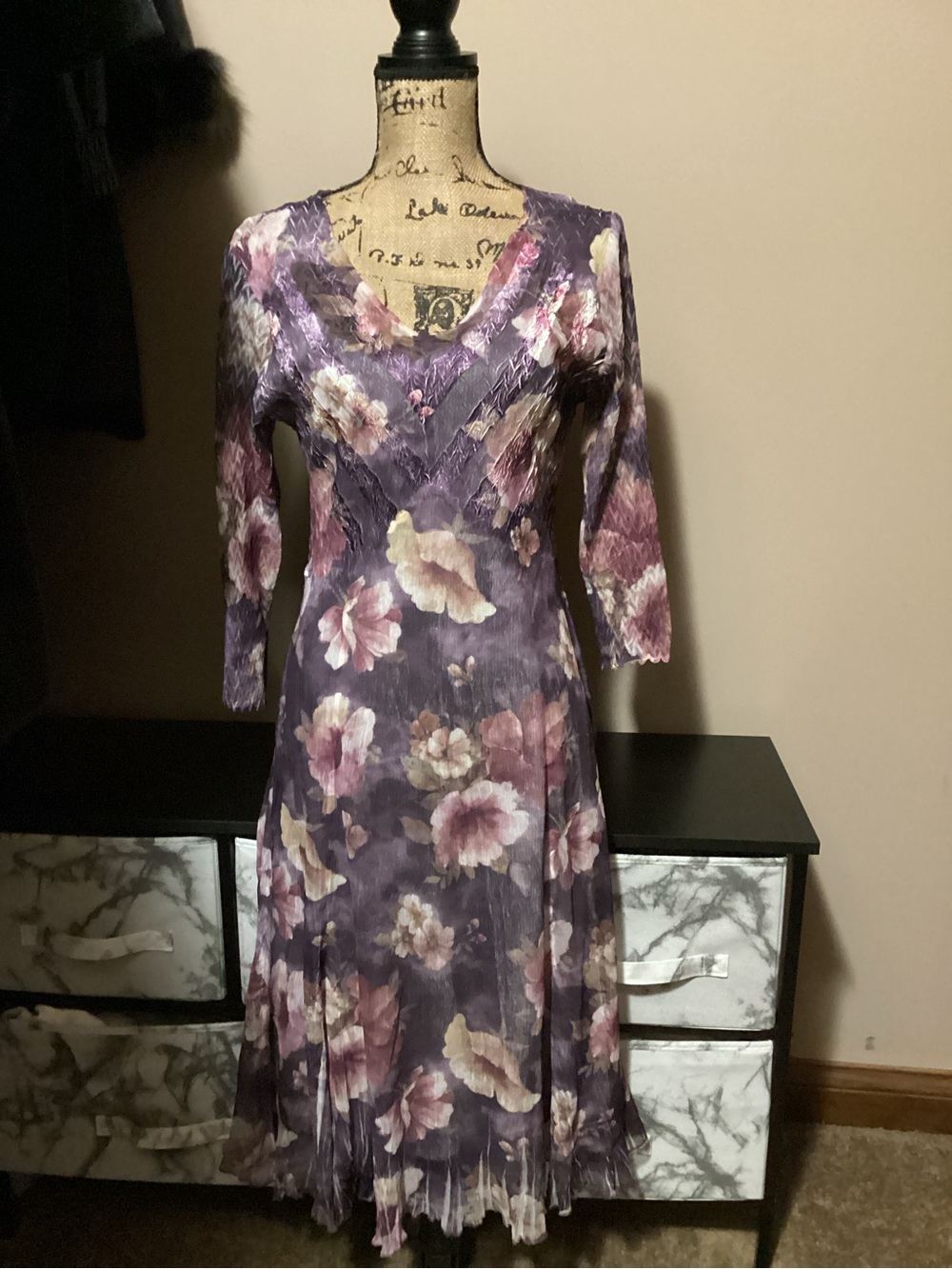 Komarov Purple Floral V-Neck Long Sleeve Midi Dress